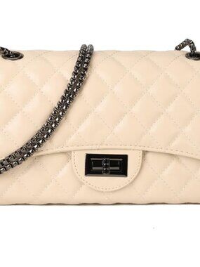 Women Beige PU Quilted Stylish Crossbody Bags with Chain Strap & Flap Closure